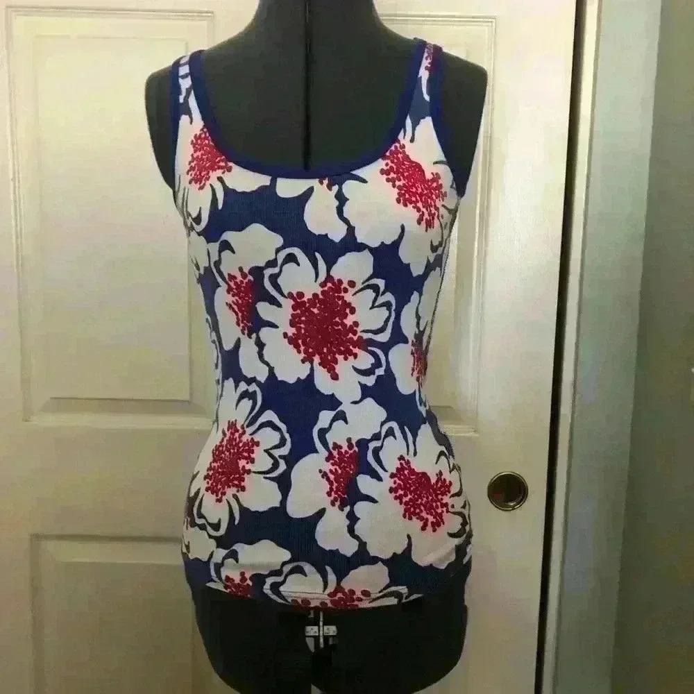 FADED GLORY BLUE WHITE RED HAWAIIAN ISLANDER PATRIOTIC PRINT TANKTOP MEDIUM